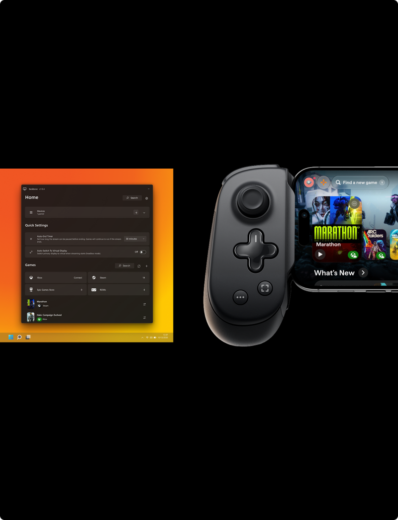 Backbone desktop app and the Backbone mobile app on a phone with a controller attached