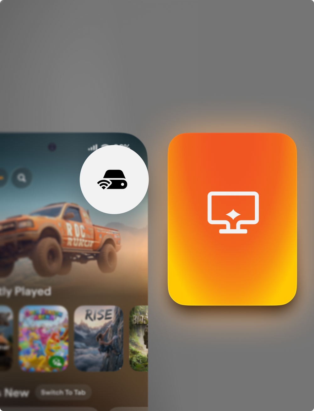 Backbone app Remote Play hub on a phone beside a Virtual Display tile