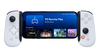 Backbone One PlayStation Edition controller in white holding an iPhone, with PS Remote Play open in the Backbone app