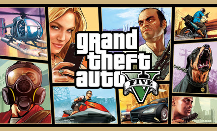 Promotional image for 'Grand Theft Auto V' with character portraits and game elements.