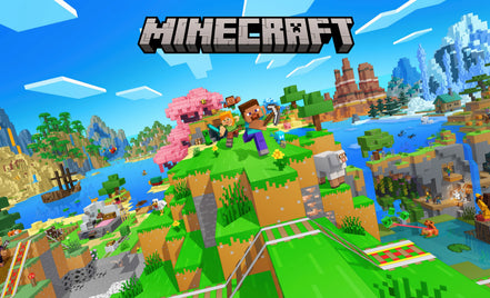 Minecraft game world with characters and landscapes