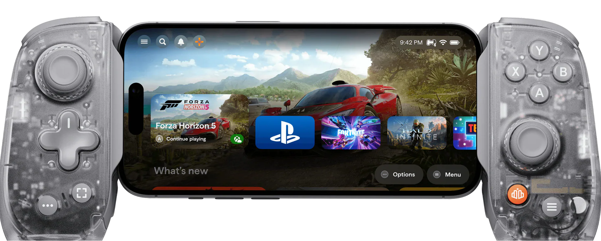 Handheld gaming console with controller displaying a game interface on screen